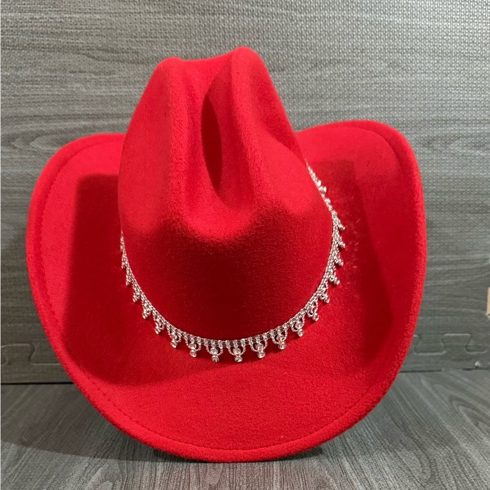 Red Women's Felt Cowboy Hat with Rhinestone Trim
